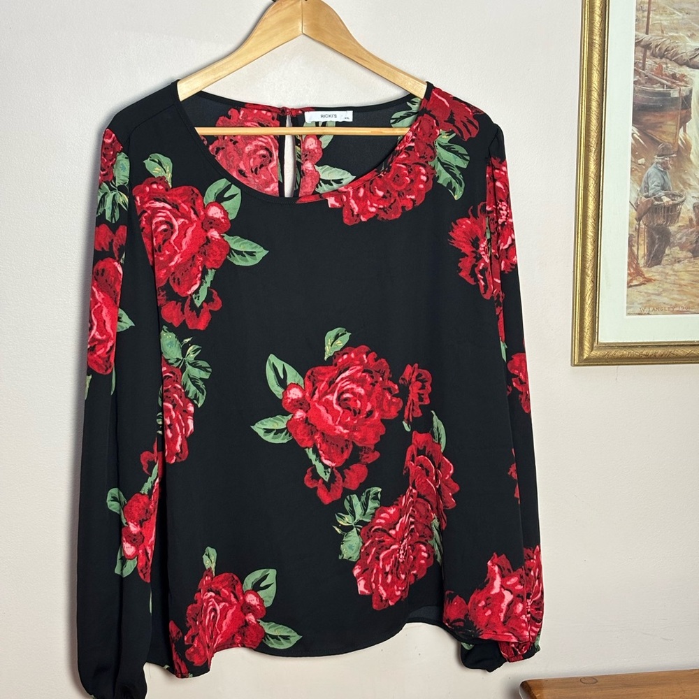 Ricki's Black Blouse with Red Floral Pattern